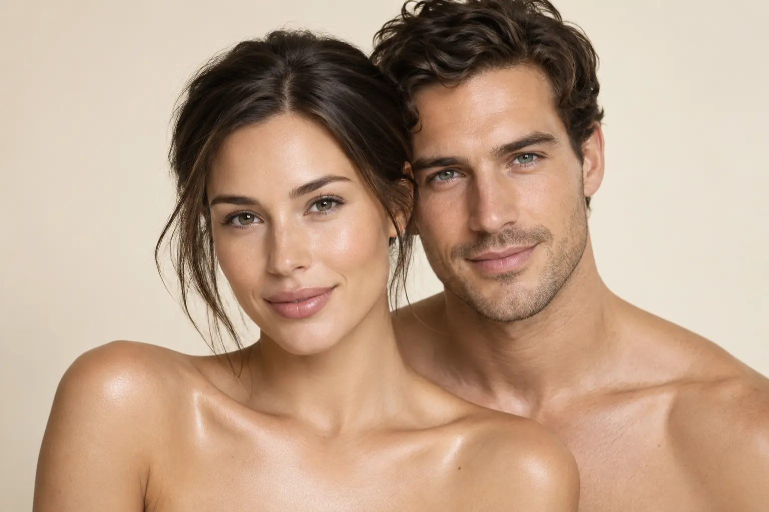 Studio portrait of a woman in front of a man with luminous skin and visible faces and shoulders